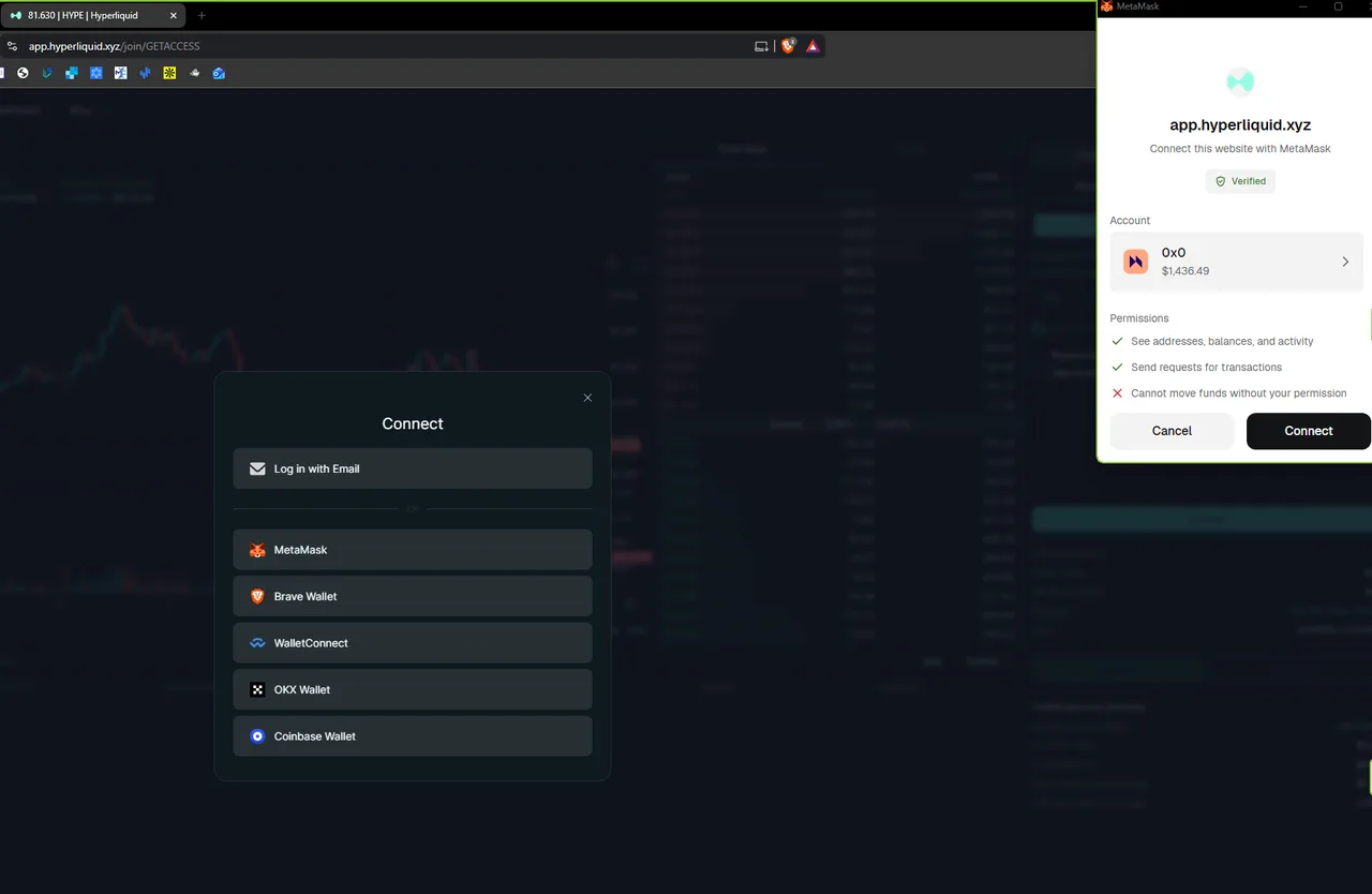 Log in with Email, MetaMask, Brave Wallet, WalletConnect, OKX Wallet ve Coinbase Wallet'ı sıralayan cüzdan seçici; yanında, izin olmadan para hareket ettiremeyeceğini belirten MetaMask izin penceresi