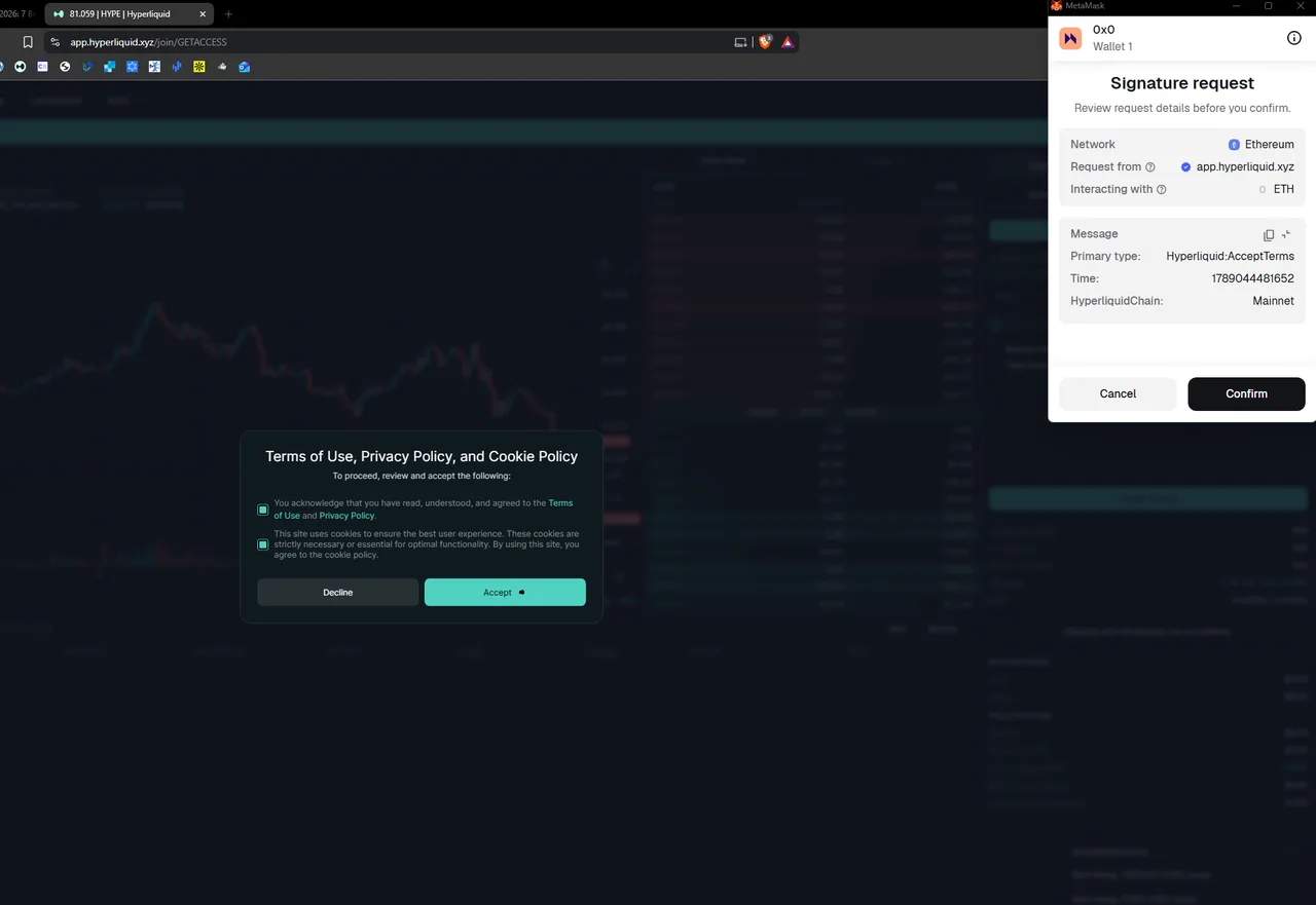 app.hyperliquid.xyz adresinden gelen, birincil tipi Hyperliquid:AcceptTerms ve HyperliquidChain Mainnet olan MetaMask imza talebi