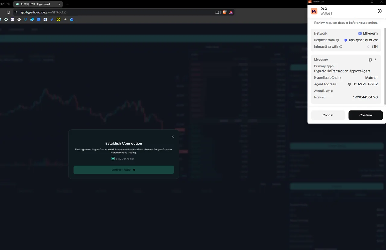 Birincil tipi HyperliquidTransaction:ApproveAgent olan, bir AgentAddress ve bir nonce gösteren MetaMask imza talebi